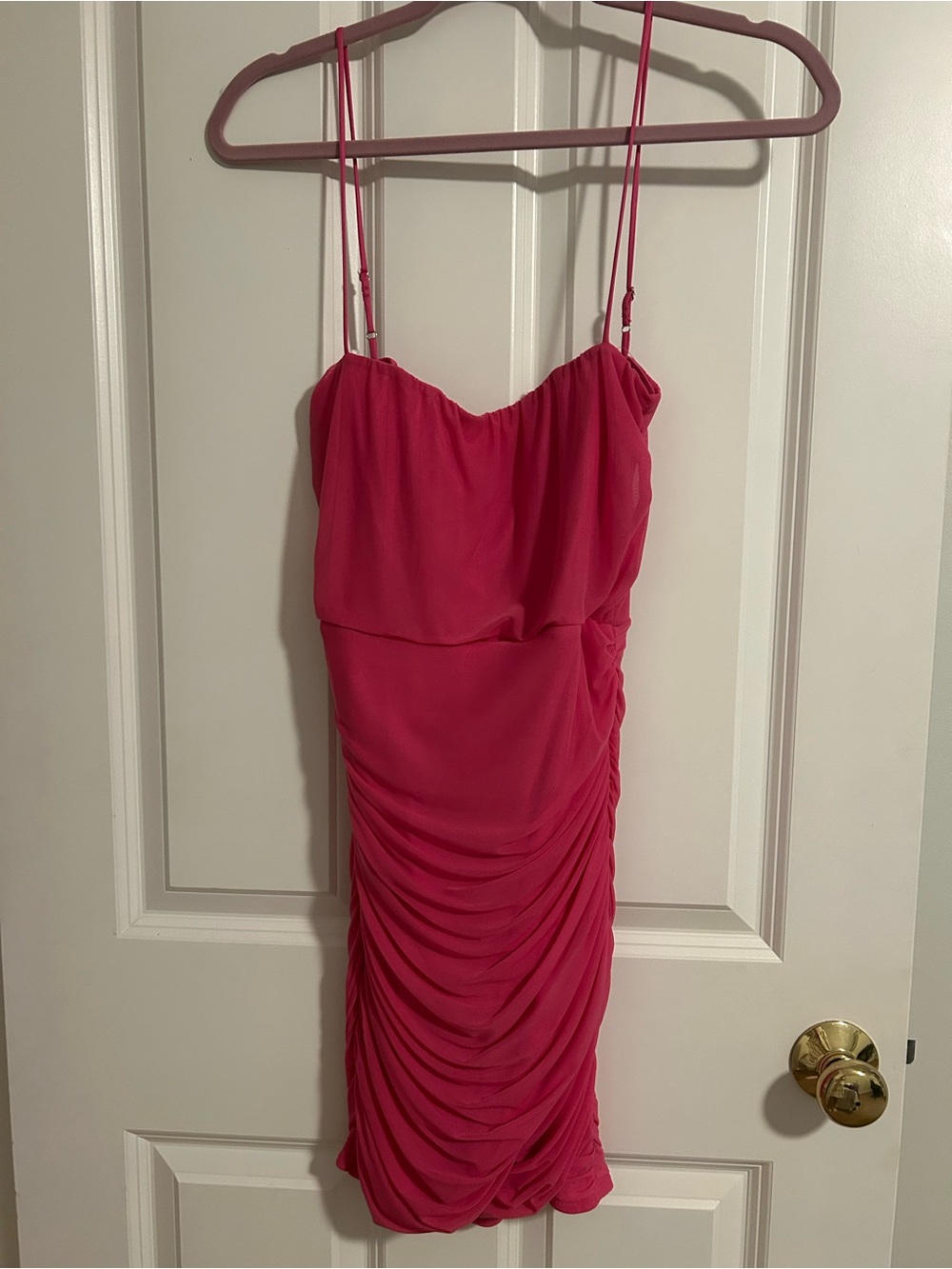 Lucy in the Sky Hot Pink Ruched Spaghetti-Strap Mini Dress